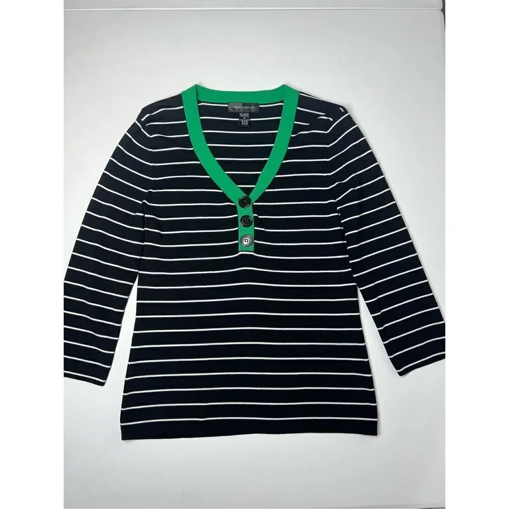 Cable & Gauge Women’s Size M Black White Green Striped V-Neck Sweater